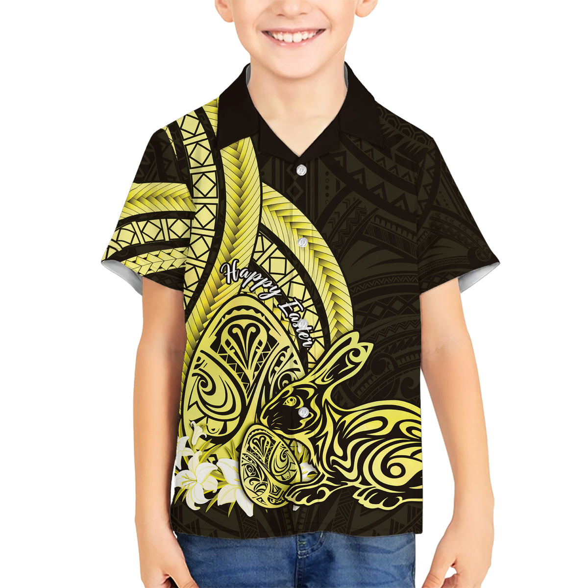Yellow Polynesia Easter Day Hawaiian Shirt Eggs With Bunny Polynesian Pattern
