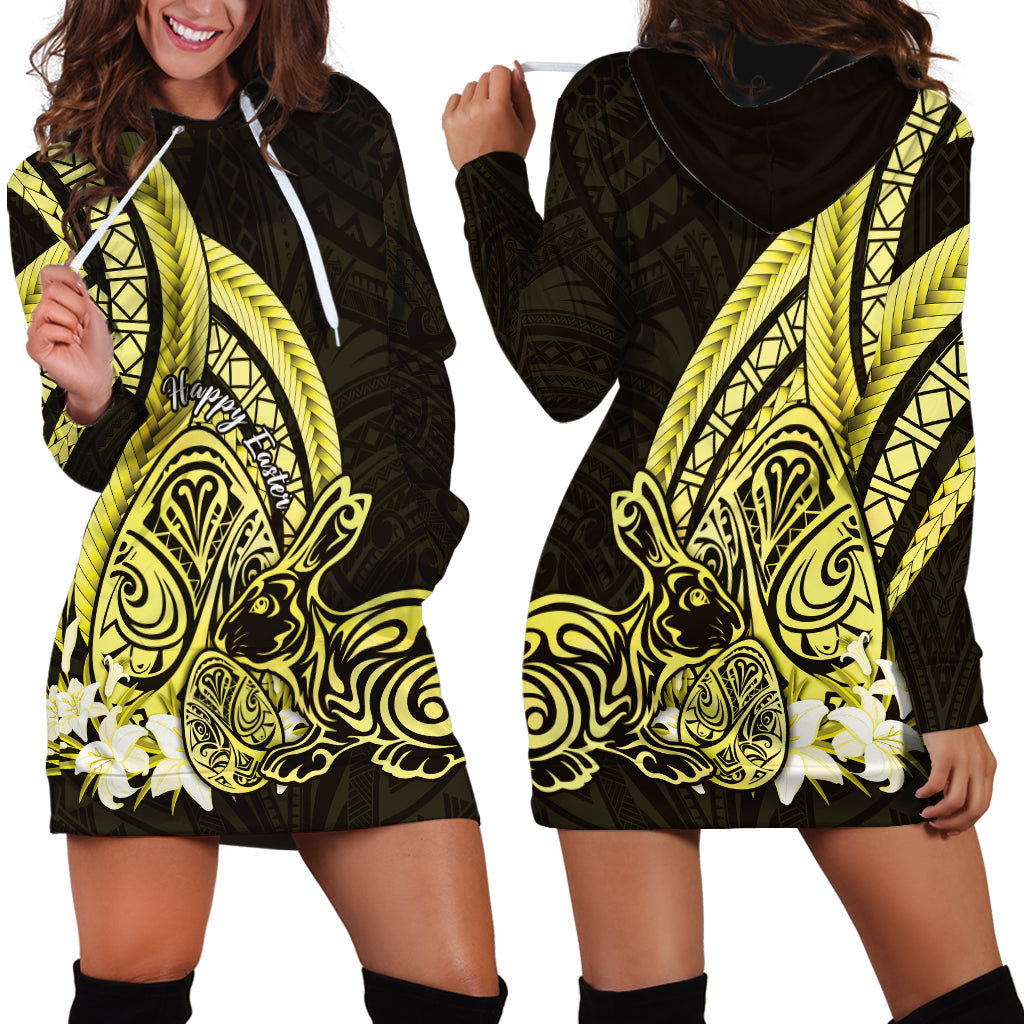 Yellow Polynesia Easter Day Hoodie Dress Eggs With Bunny Polynesian Pattern