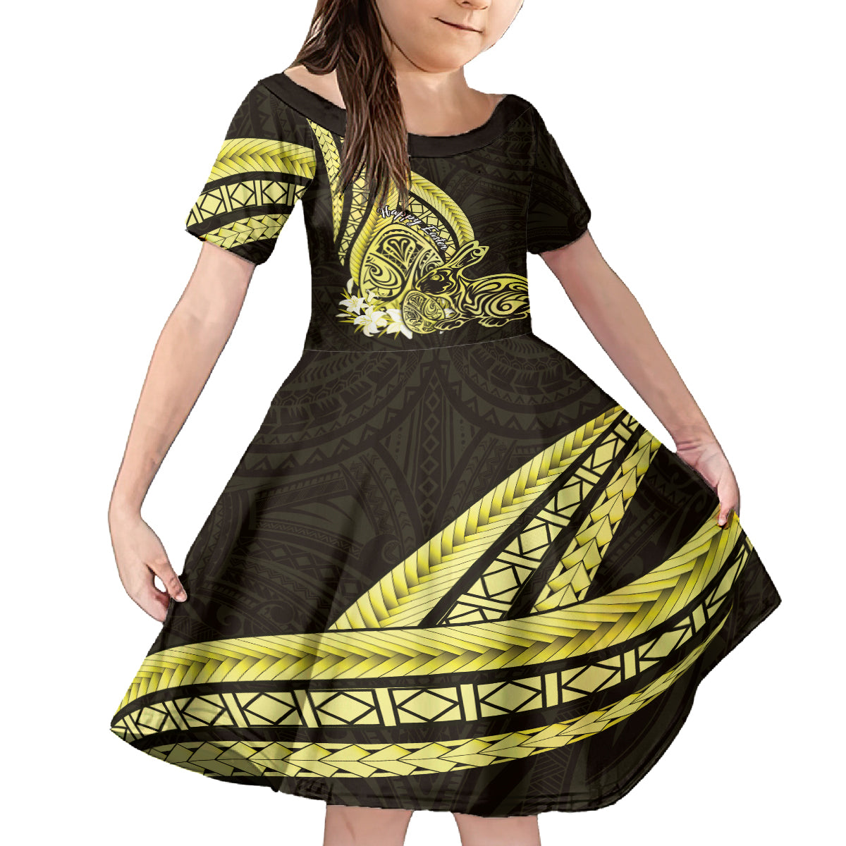 Yellow Polynesia Easter Day Kid Short Sleeve Dress Eggs With Bunny Polynesian Pattern LT14 KID Yellow - Polynesian Pride