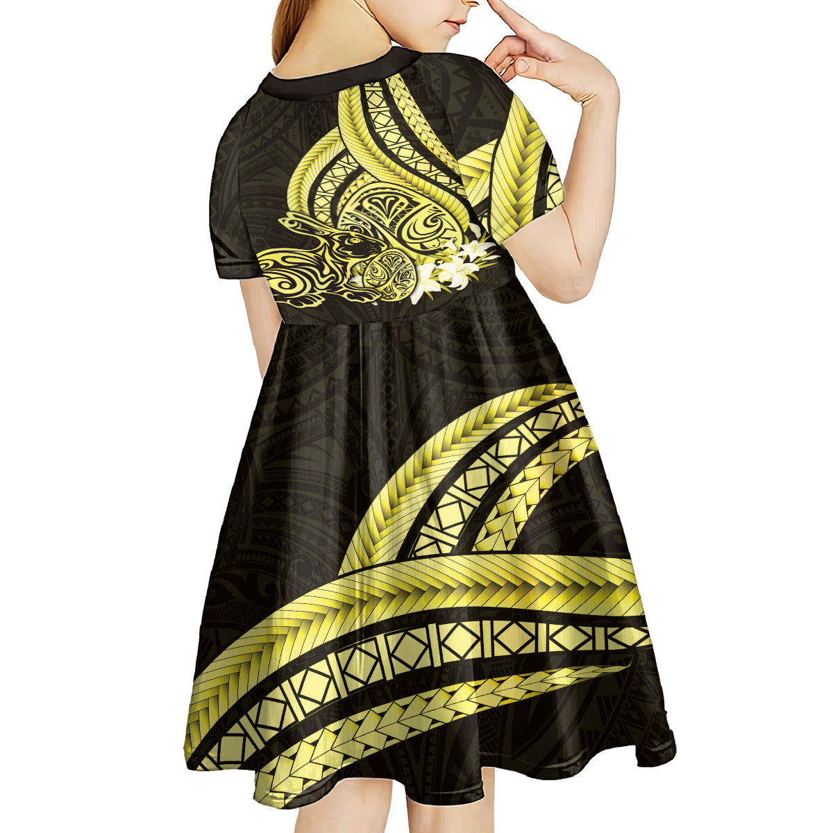 Yellow Polynesia Easter Day Kid Short Sleeve Dress Eggs With Bunny Polynesian Pattern