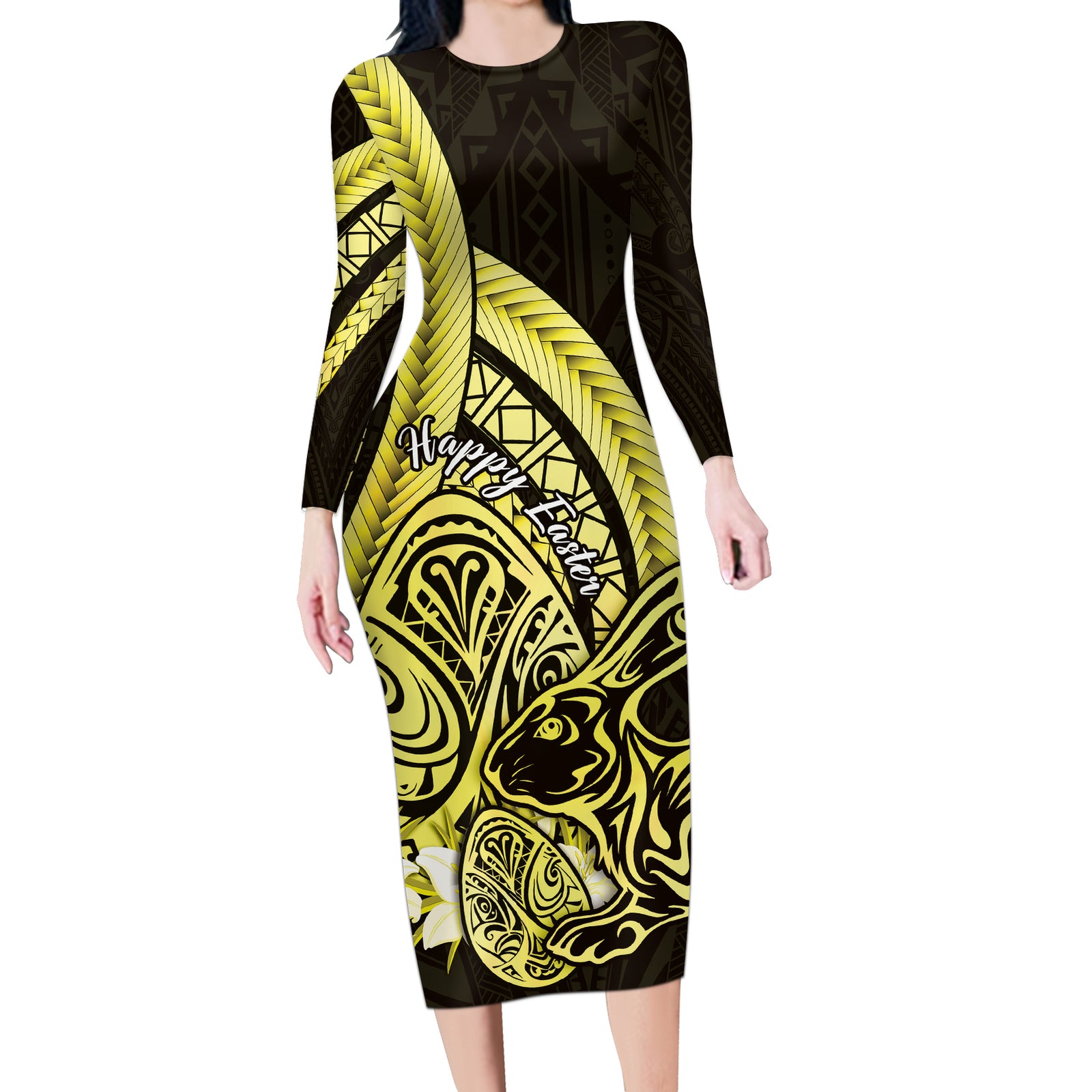 Yellow Polynesia Easter Day Long Sleeve Bodycon Dress Eggs With Bunny Polynesian Pattern LT14 Long Dress Yellow - Polynesian Pride