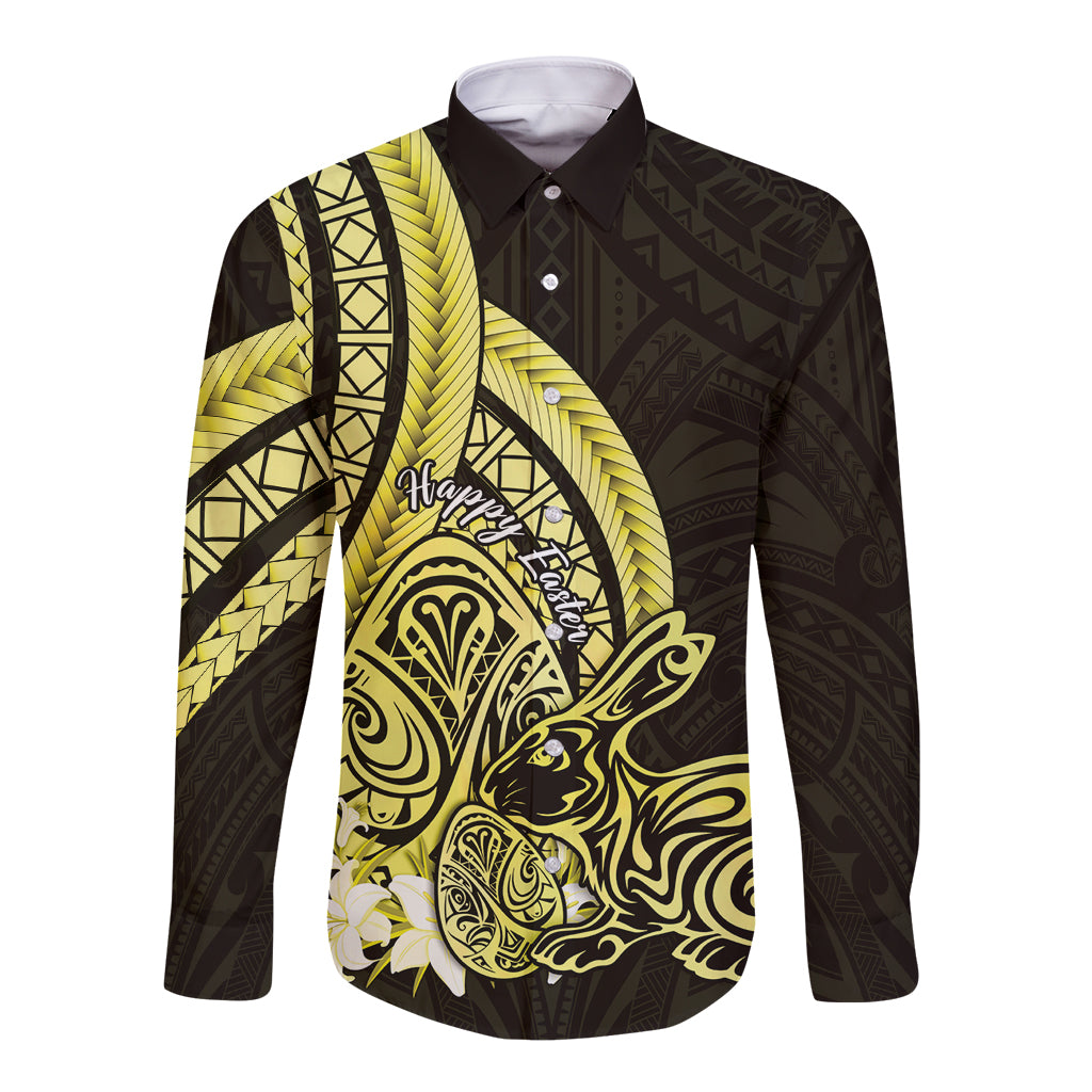 Yellow Polynesia Easter Day Long Sleeve Button Shirt Eggs With Bunny Polynesian Pattern LT14 Unisex Yellow - Polynesian Pride
