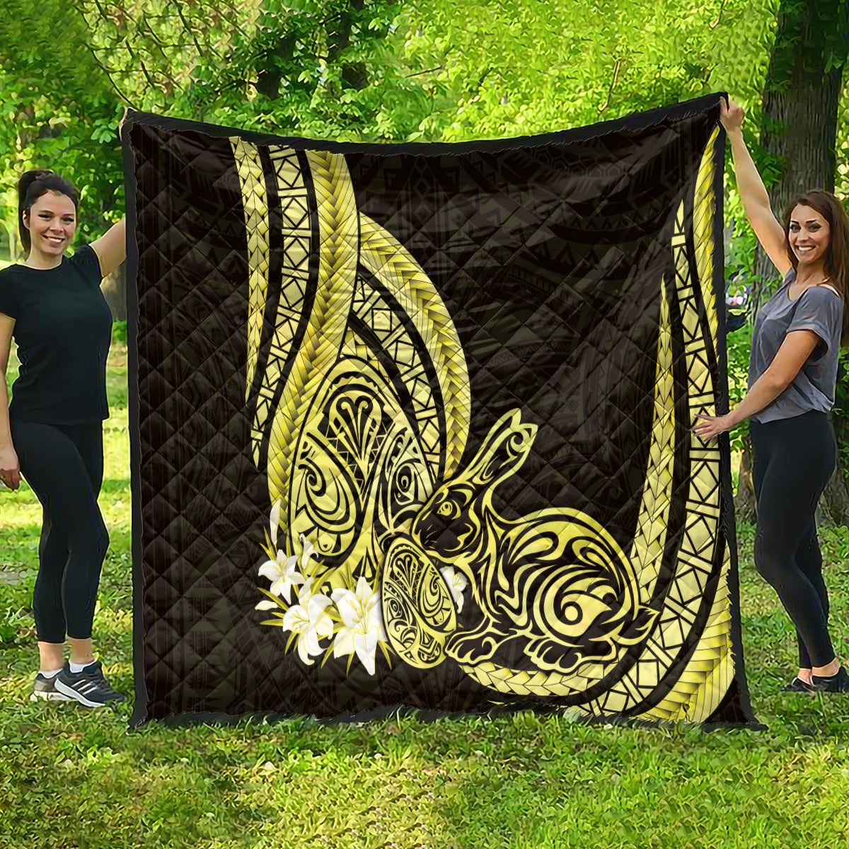 Yellow Polynesia Easter Day Quilt Eggs With Bunny Polynesian Pattern