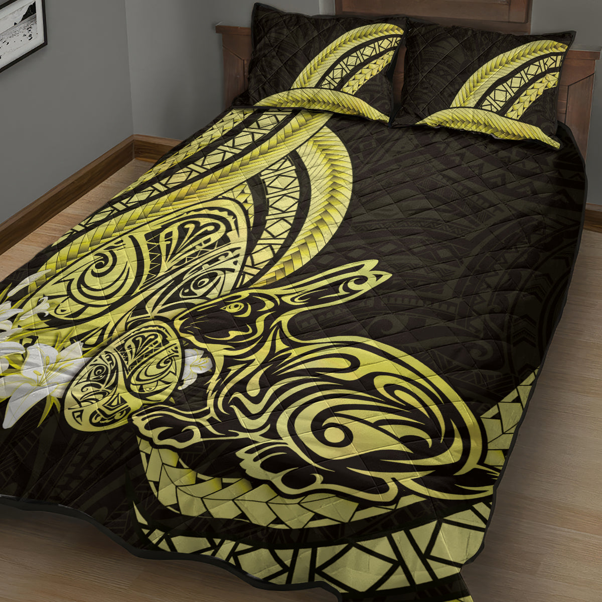 Yellow Polynesia Easter Day Quilt Bed Set Eggs With Bunny Polynesian Pattern
