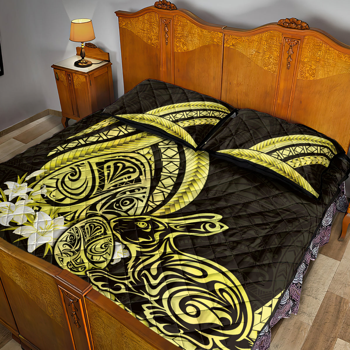 Yellow Polynesia Easter Day Quilt Bed Set Eggs With Bunny Polynesian Pattern