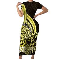 Yellow Polynesia Easter Day Short Sleeve Bodycon Dress Eggs With Bunny Polynesian Pattern LT14 Long Dress Yellow - Polynesian Pride