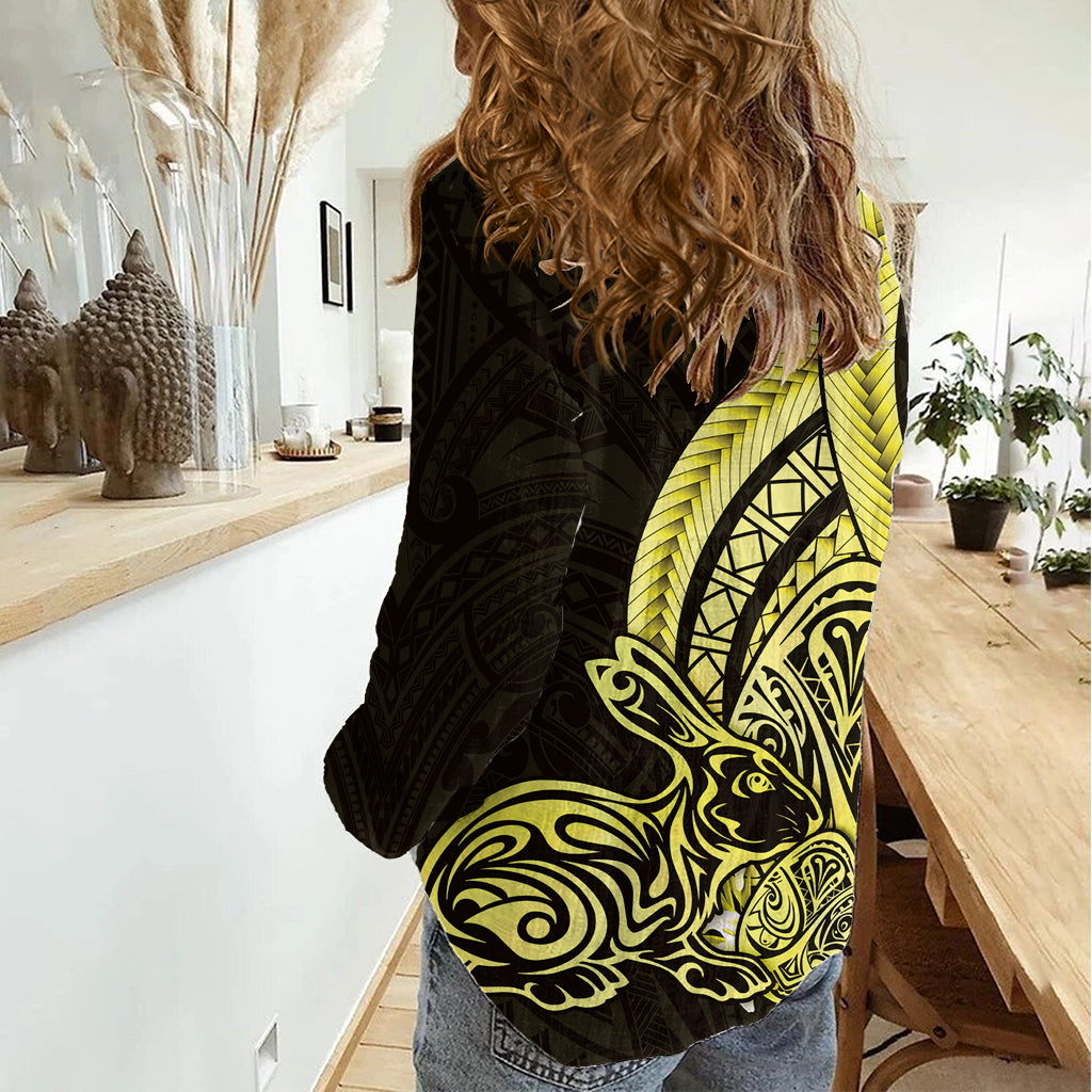 Yellow Polynesia Easter Day Women Casual Shirt Eggs With Bunny Polynesian Pattern
