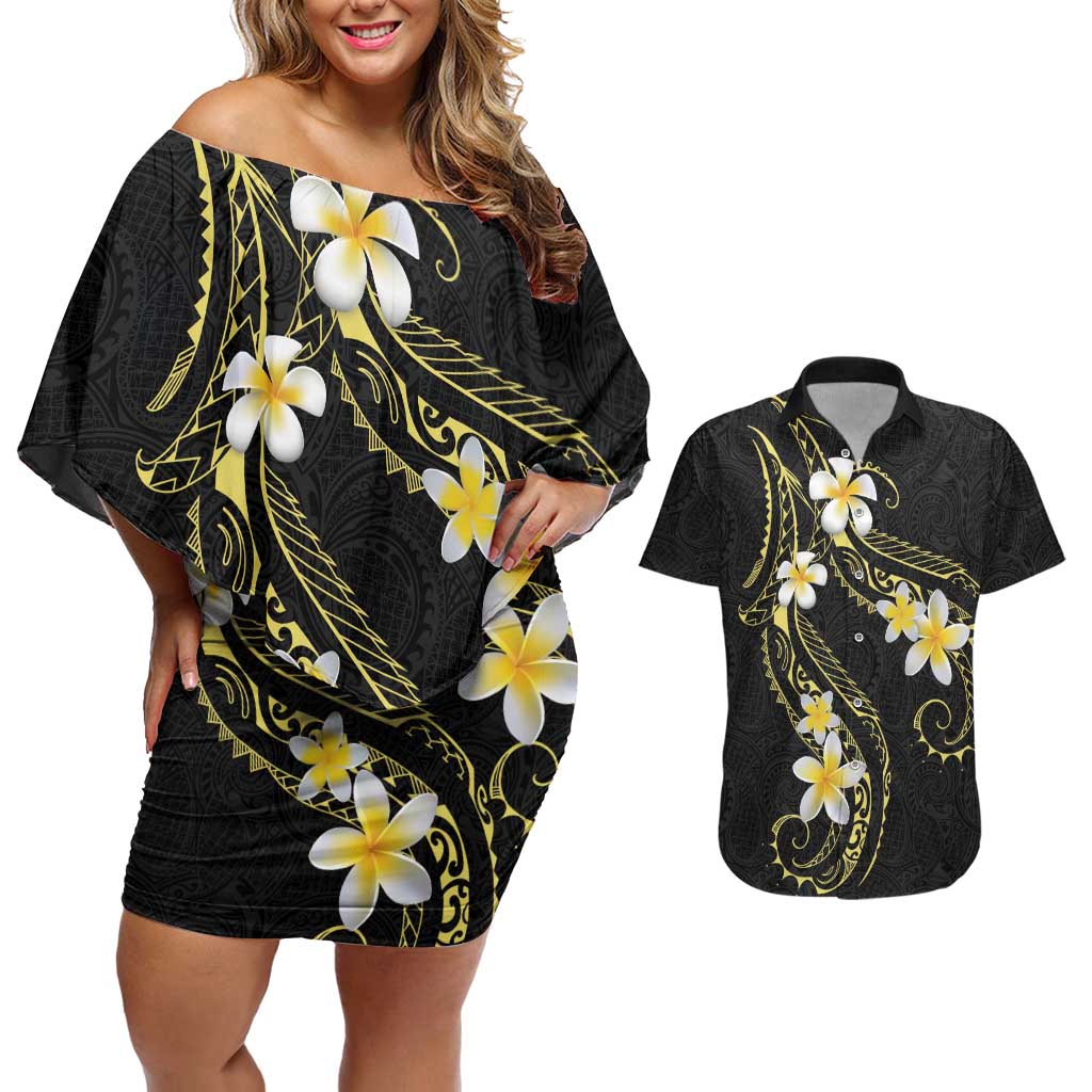 Polynesia Tattoo With Plumeria Couples Matching Off Shoulder Short Dress and Hawaiian Shirt Elegant Vibes LT14 Black - Polynesian Pride