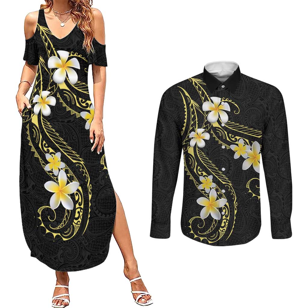 Polynesia Tattoo With Plumeria Couples Matching Summer Maxi Dress and Long Sleeve Button Shirt Elegant Vibes LT14 Black - Polynesian Pride