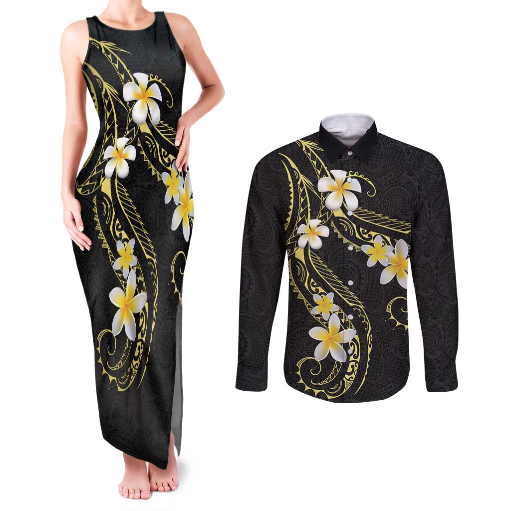 Polynesia Tattoo With Plumeria Couples Matching Tank Maxi Dress and Long Sleeve Button Shirt Elegant Vibes LT14 Black - Polynesian Pride