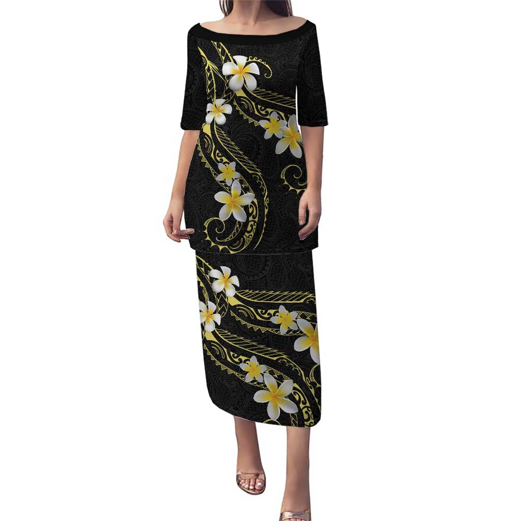 Polynesia Tattoo With Plumeria Family Matching Puletasi and Hawaiian Shirt Elegant Vibes LT14 Mom's Dress Black - Polynesian Pride