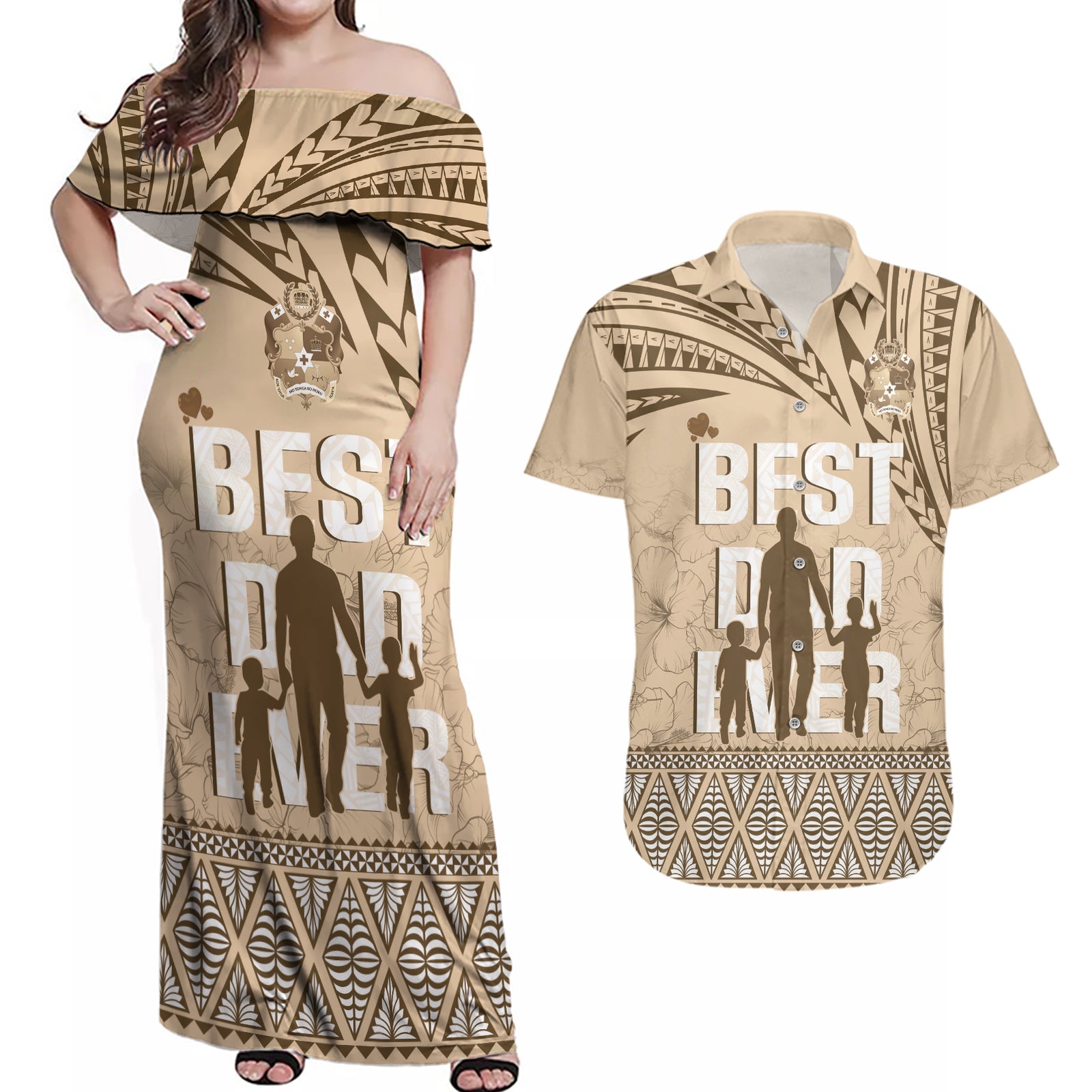 Tonga Father's Day Couples Matching Off Shoulder Maxi Dress and Hawaiian Shirt Best Dad Ever Tongan Ngatu Pattern - Beige LT14 Beige - Polynesian Pride