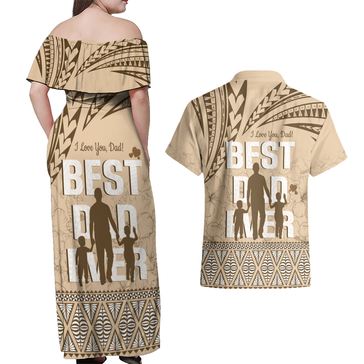 Tonga Father's Day Couples Matching Off Shoulder Maxi Dress and Hawaiian Shirt Best Dad Ever Tongan Ngatu Pattern - Beige
