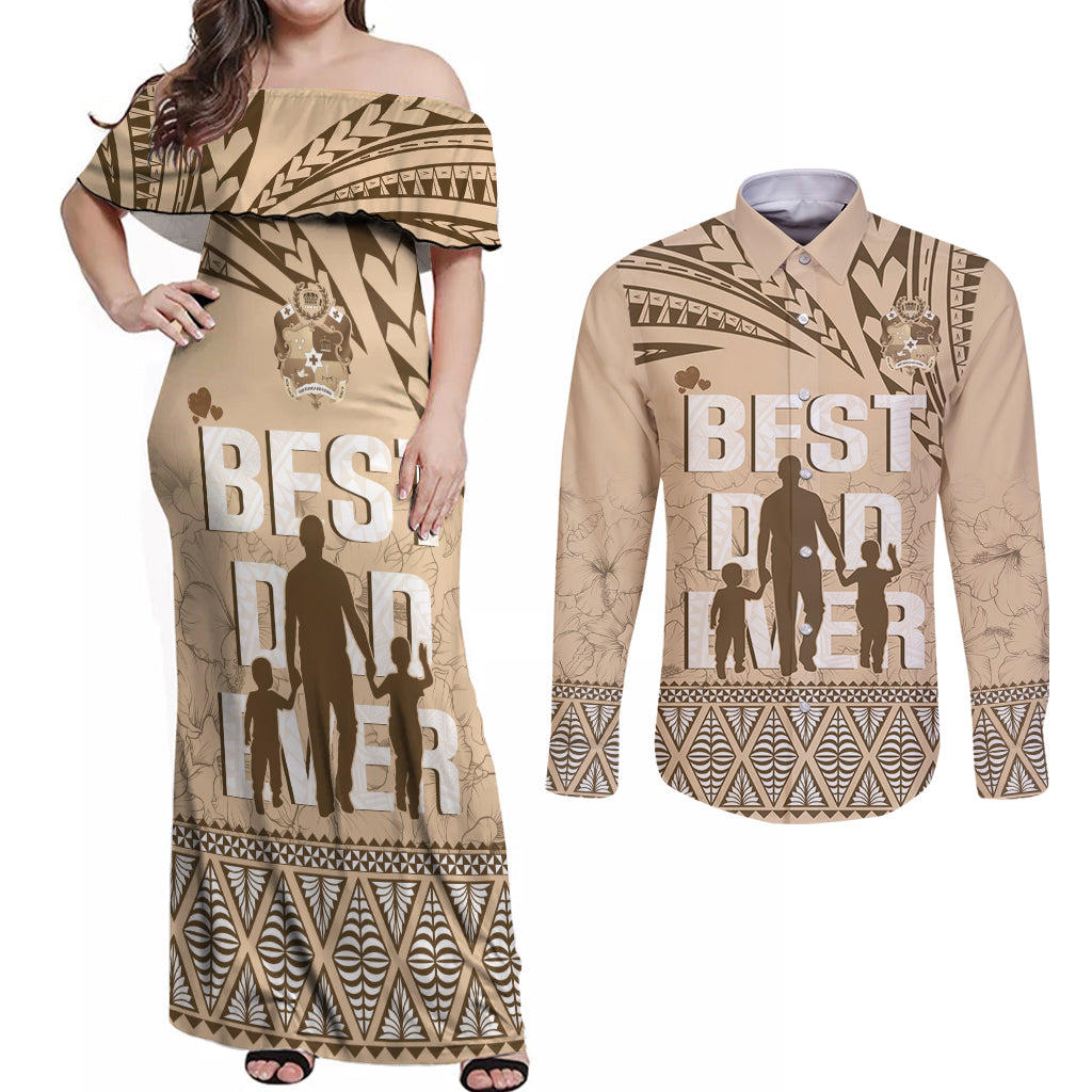 Tonga Father's Day Couples Matching Off Shoulder Maxi Dress and Long Sleeve Button Shirt Best Dad Ever Tongan Ngatu Pattern - Beige