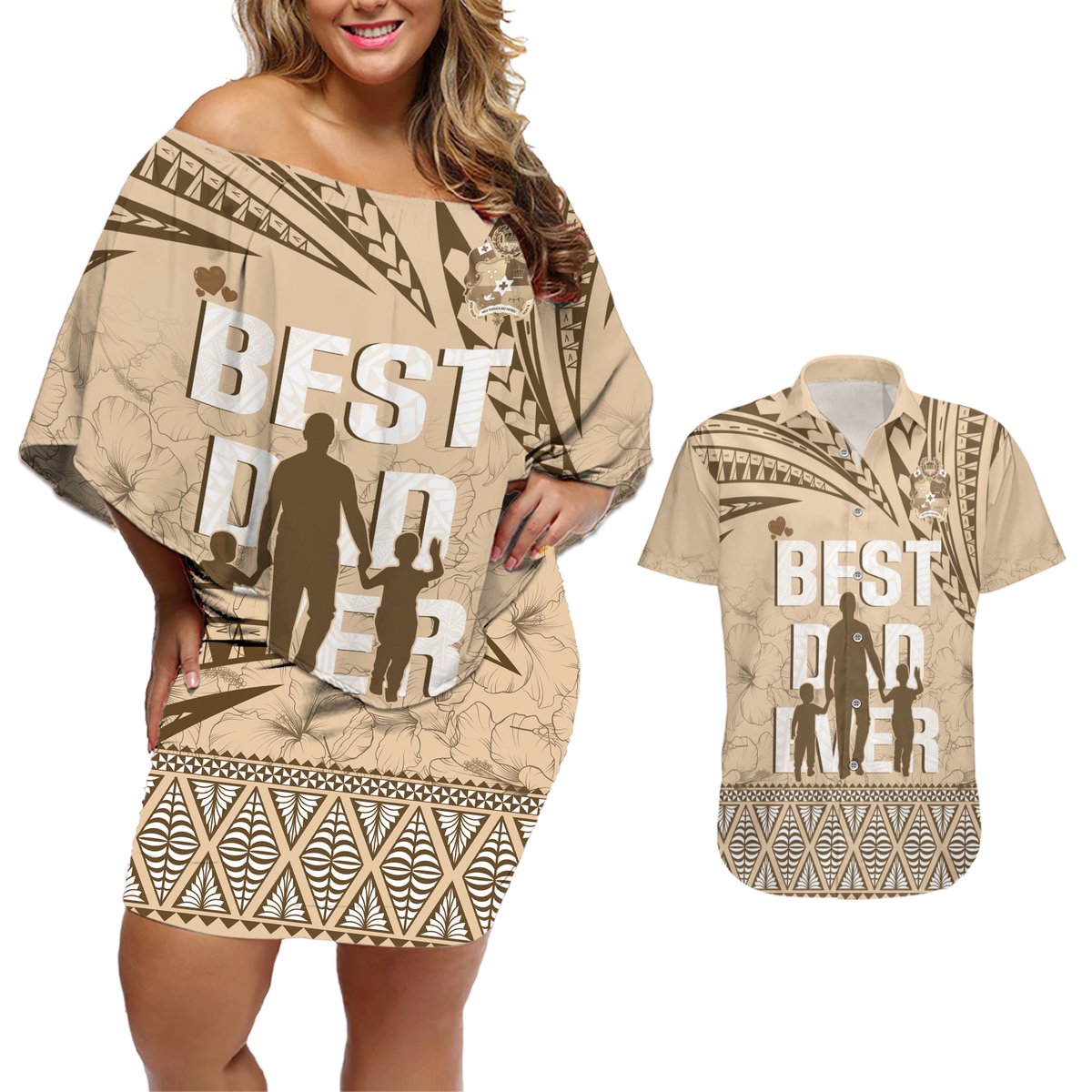 Tonga Father's Day Couples Matching Off Shoulder Short Dress and Hawaiian Shirt Best Dad Ever Tongan Ngatu Pattern - Beige LT14 Beige - Polynesian Pride