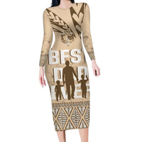 Tonga Father's Day Family Matching Long Sleeve Bodycon Dress and Hawaiian Shirt Best Dad Ever Tongan Ngatu Pattern - Beige