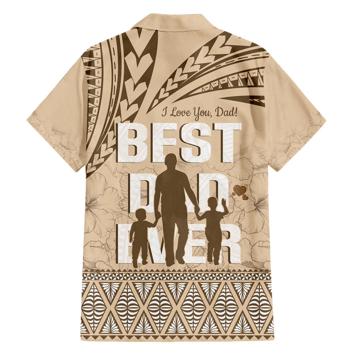 Tonga Father's Day Family Matching Off The Shoulder Long Sleeve Dress and Hawaiian Shirt Best Dad Ever Tongan Ngatu Pattern - Beige