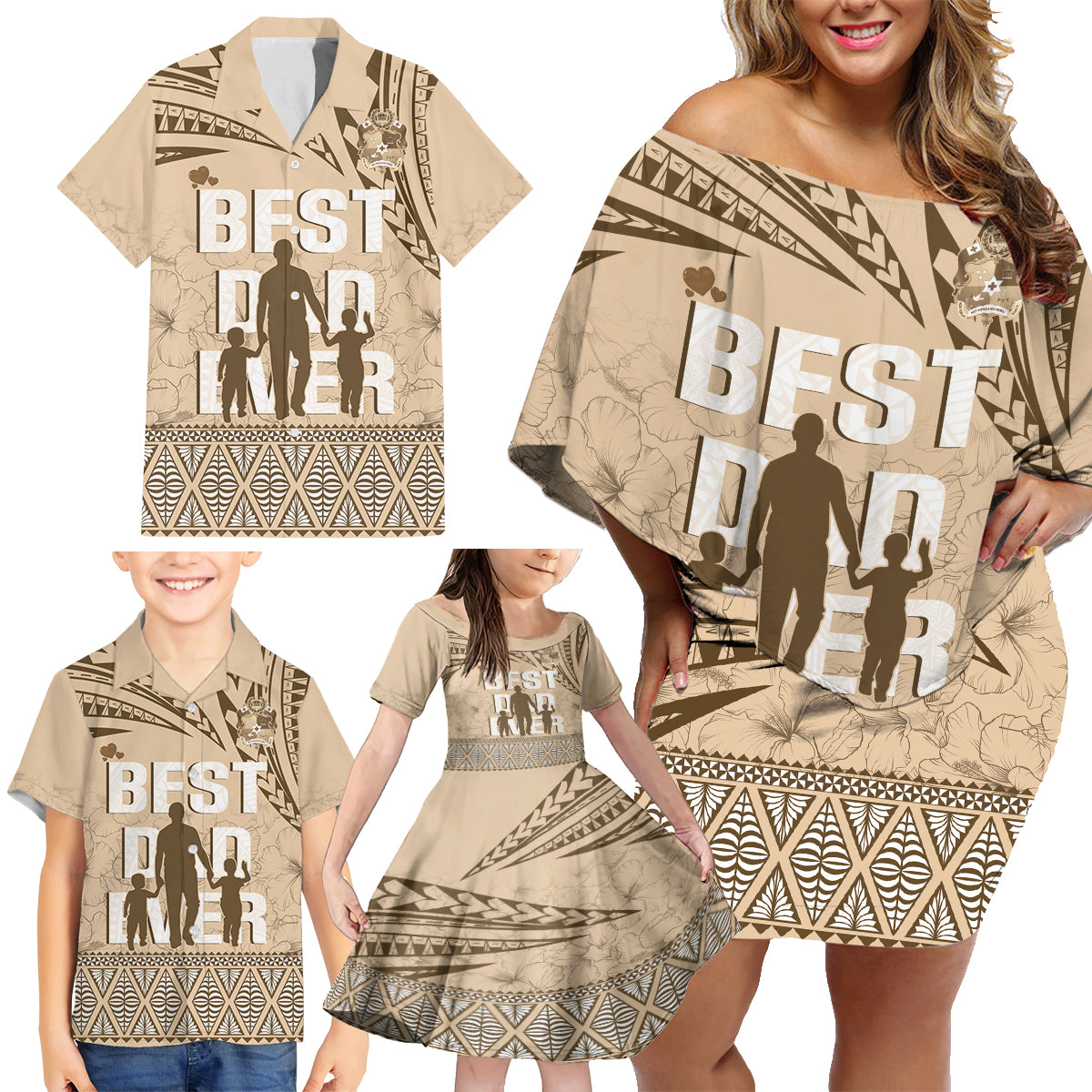 Tonga Father's Day Family Matching Off Shoulder Short Dress and Hawaiian Shirt Best Dad Ever Tongan Ngatu Pattern - Beige