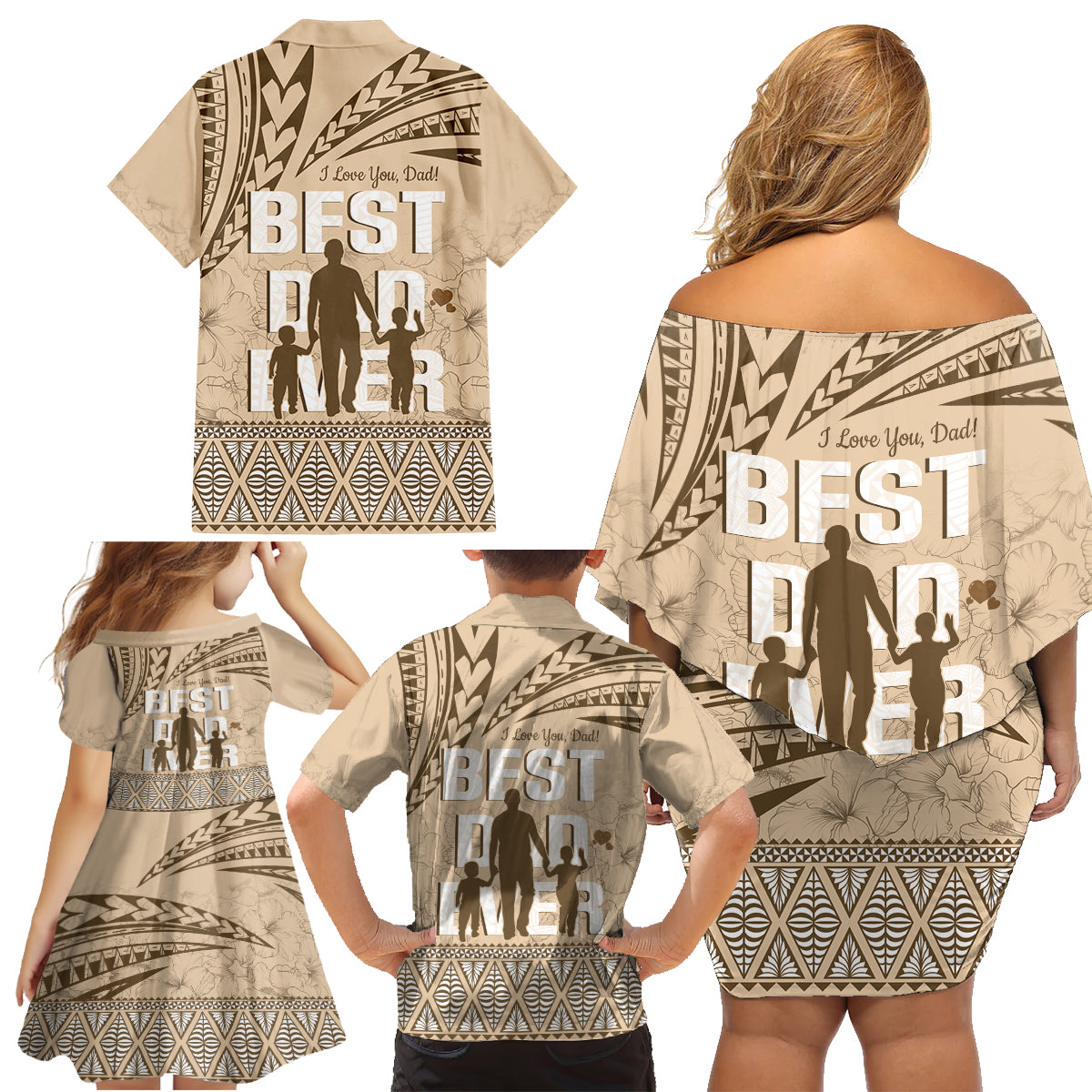 Tonga Father's Day Family Matching Off Shoulder Short Dress and Hawaiian Shirt Best Dad Ever Tongan Ngatu Pattern - Beige