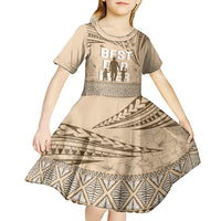 Tonga Father's Day Kid Short Sleeve Dress Best Dad Ever Tongan Ngatu Pattern - Beige