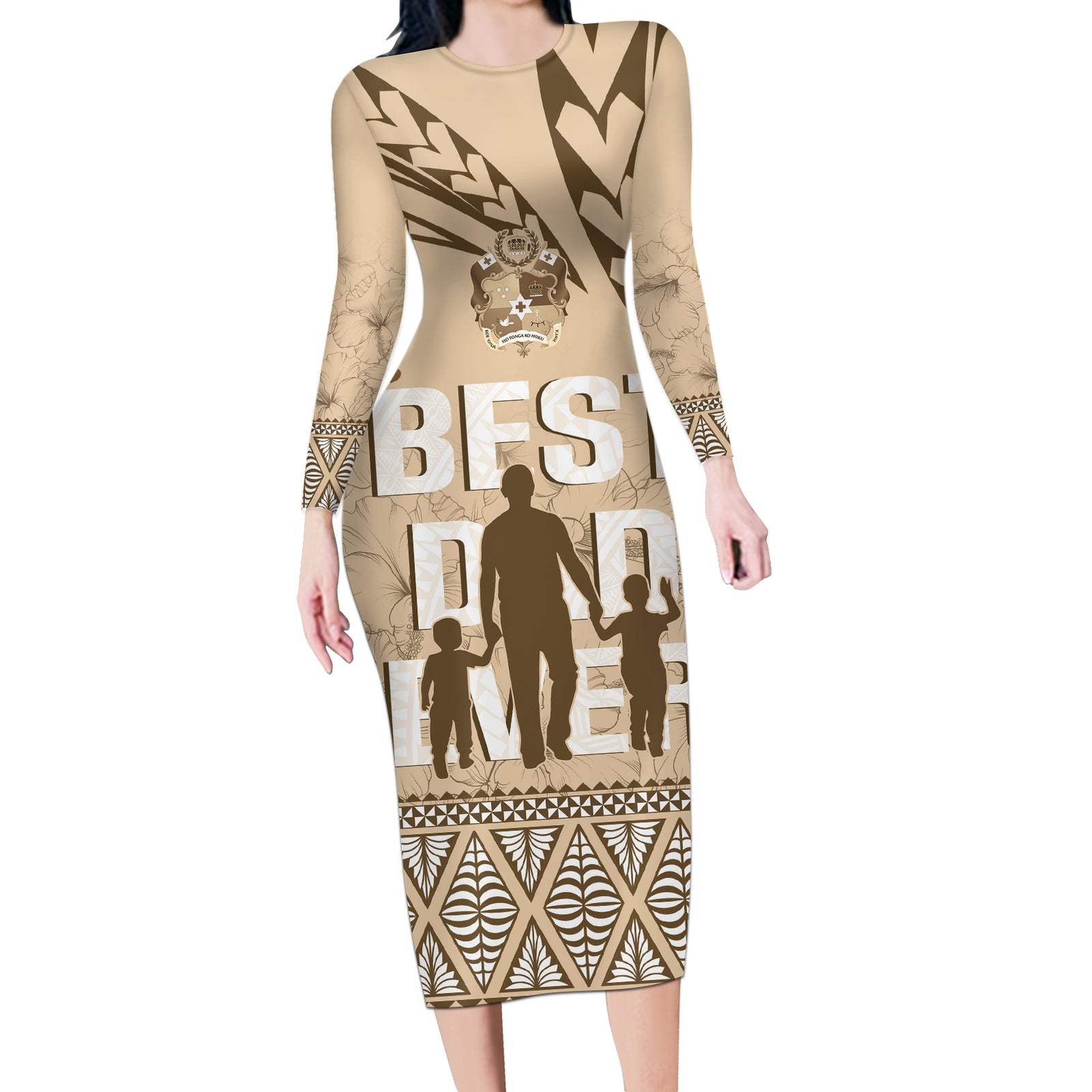 Tonga Father's Day Long Sleeve Bodycon Dress Best Dad Ever Tongan Ngatu Pattern - Beige LT14 Long Dress Beige - Polynesian Pride