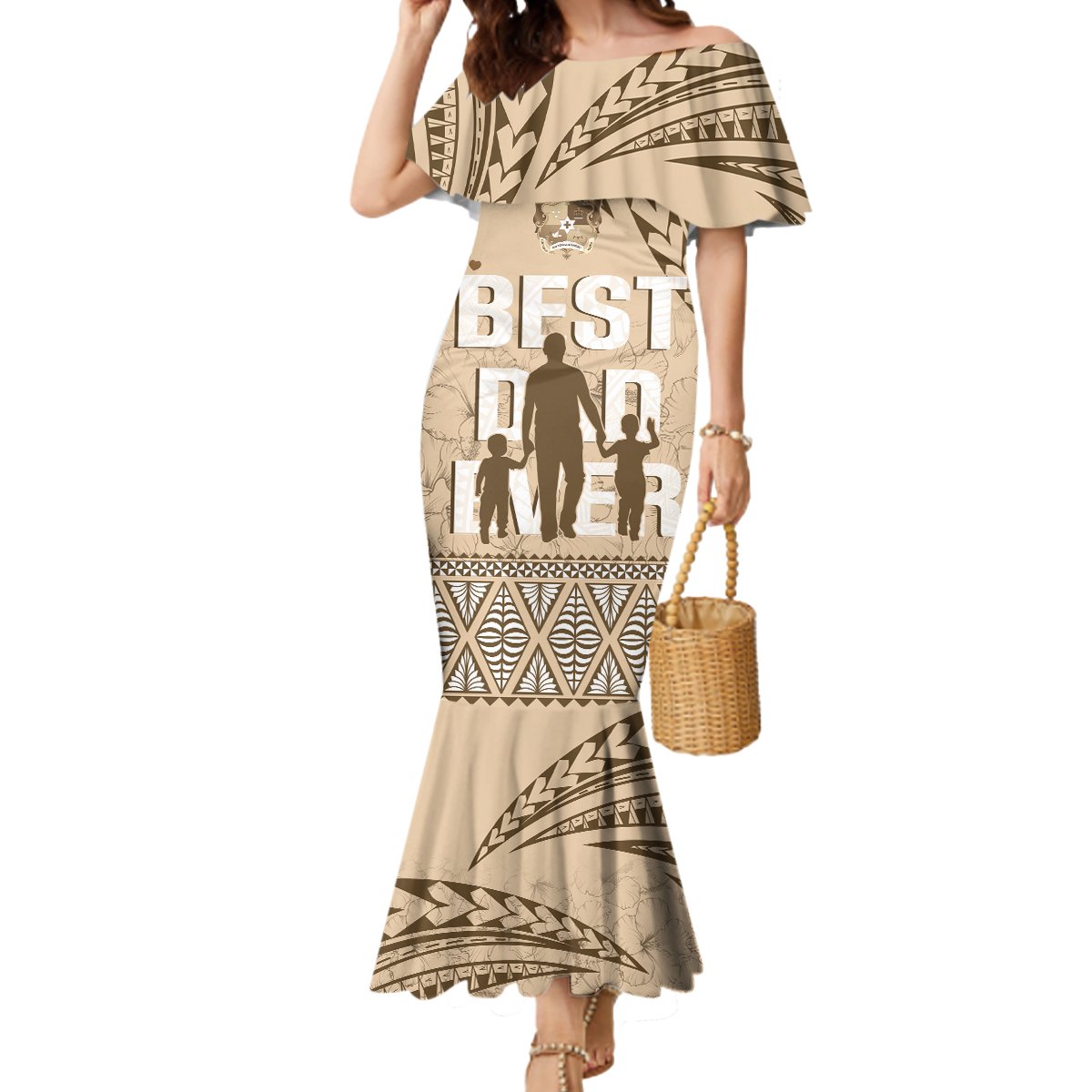 Tonga Father's Day Mermaid Dress Best Dad Ever Tongan Ngatu Pattern - Beige LT14 Women Beige - Polynesian Pride