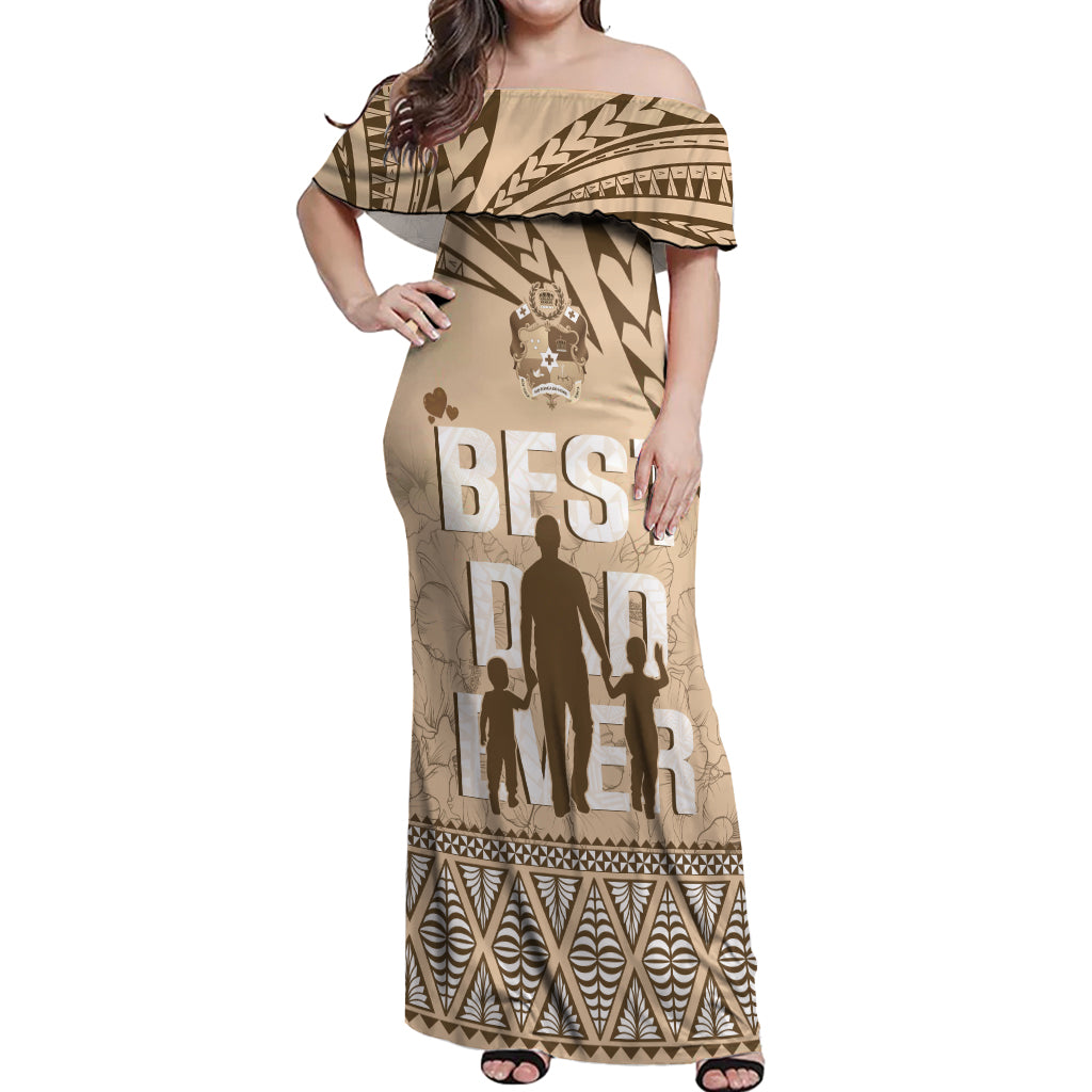 Tonga Father's Day Off Shoulder Maxi Dress Best Dad Ever Tongan Ngatu Pattern - Beige LT14 Women Beige - Polynesian Pride