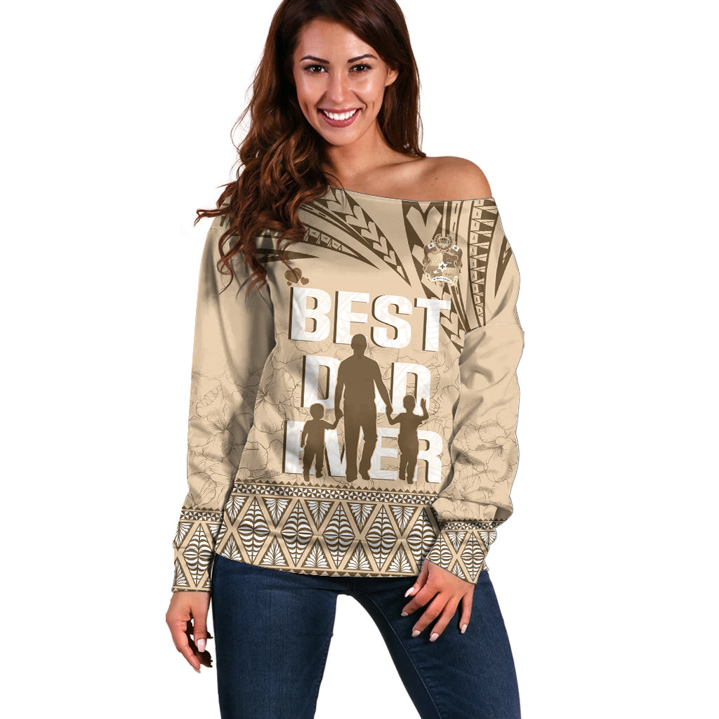 Tonga Father's Day Off Shoulder Sweater Best Dad Ever Tongan Ngatu Pattern - Beige LT14 Women Beige - Polynesian Pride