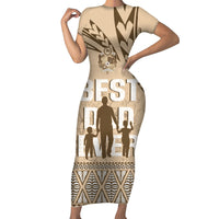 Tonga Father's Day Short Sleeve Bodycon Dress Best Dad Ever Tongan Ngatu Pattern - Beige LT14 Long Dress Beige - Polynesian Pride