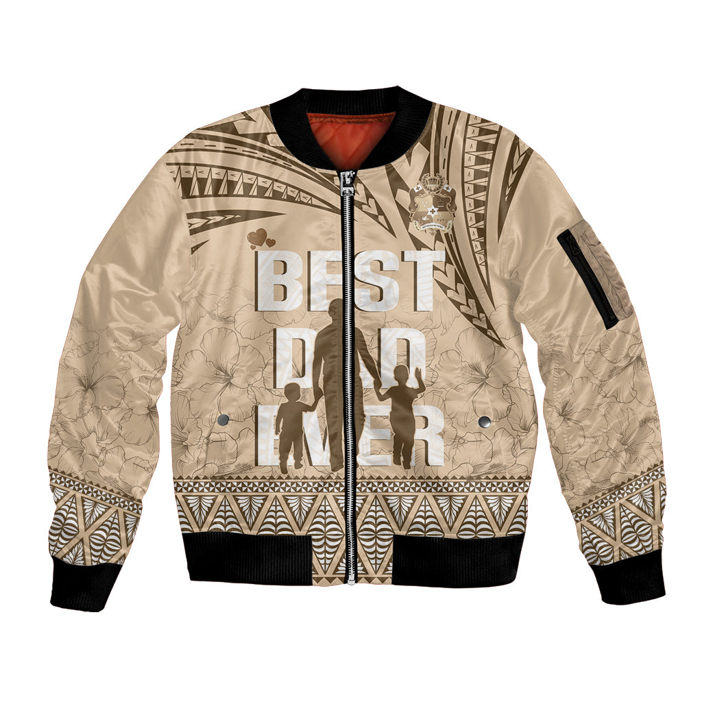 Tonga Father's Day Sleeve Zip Bomber Jacket Best Dad Ever Tongan Ngatu Pattern - Beige LT14 Unisex Beige - Polynesian Pride