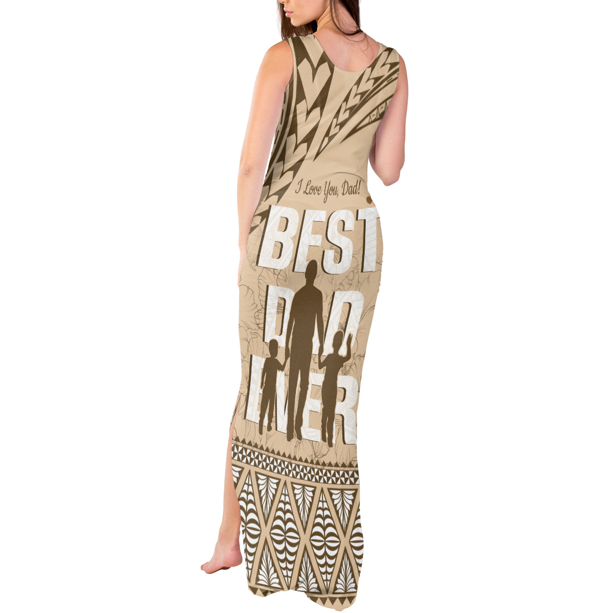 Tonga Father's Day Tank Maxi Dress Best Dad Ever Tongan Ngatu Pattern - Beige