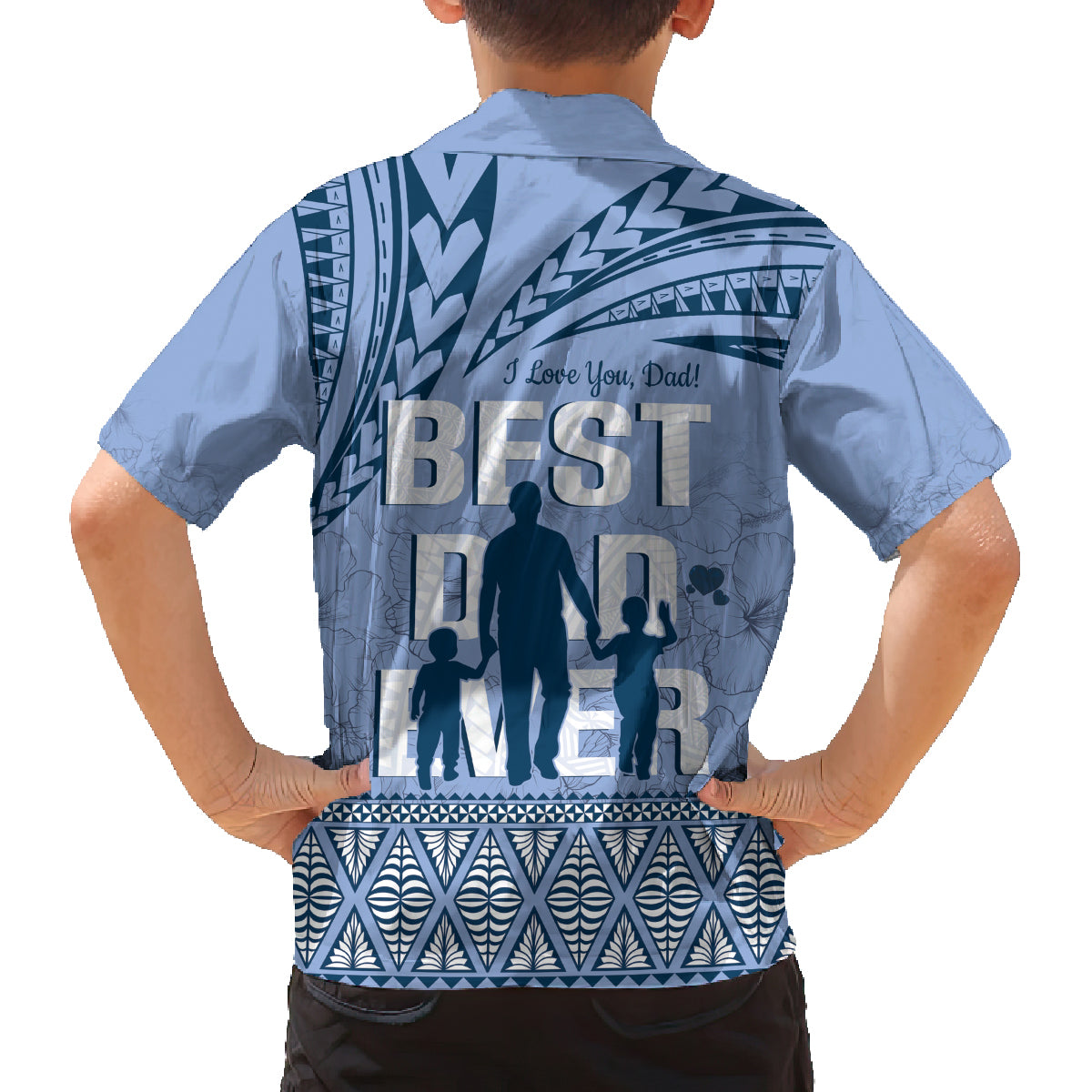 Tonga Father's Day Family Matching Long Sleeve Bodycon Dress and Hawaiian Shirt Best Dad Ever Tongan Ngatu Pattern - Blue