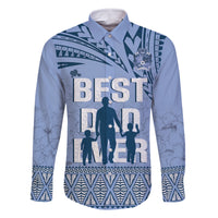 Tonga Father's Day Family Matching Off The Shoulder Long Sleeve Dress and Hawaiian Shirt Best Dad Ever Tongan Ngatu Pattern - Blue