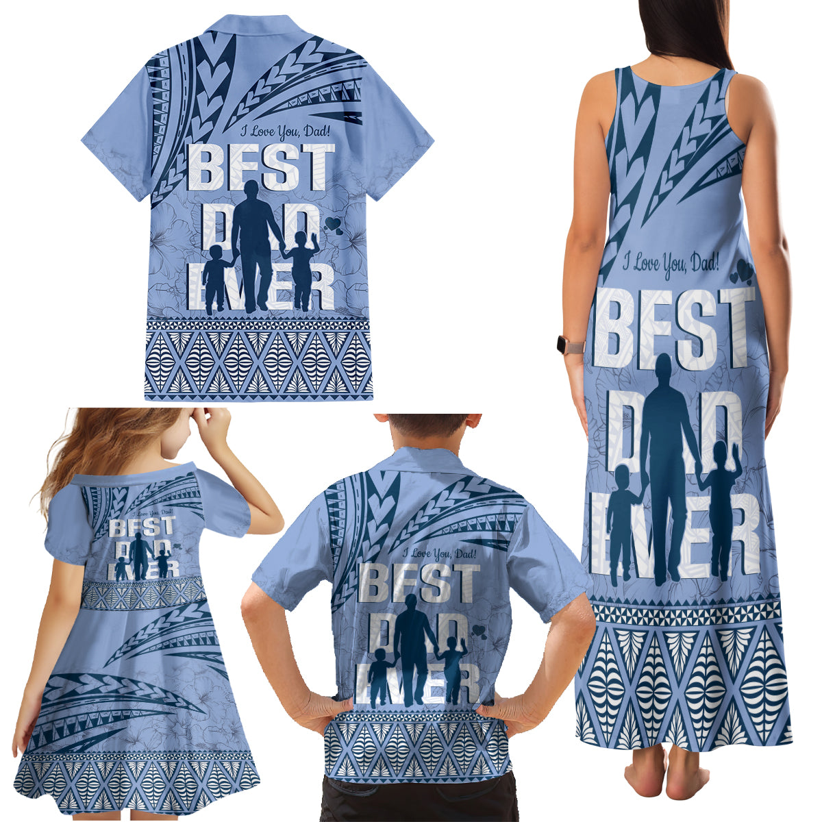 Tonga Father's Day Family Matching Tank Maxi Dress and Hawaiian Shirt Best Dad Ever Tongan Ngatu Pattern - Blue