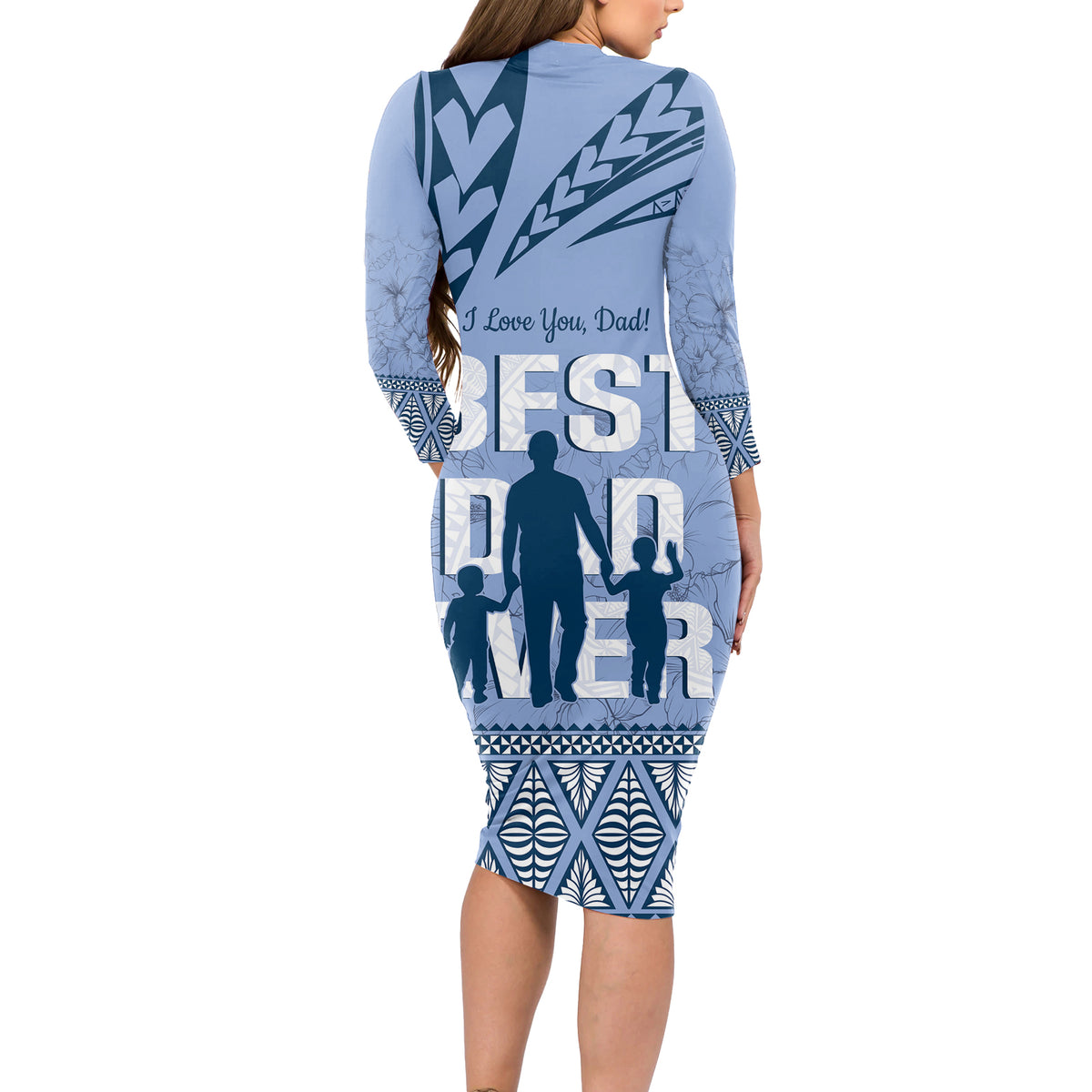 Tonga Father's Day Long Sleeve Bodycon Dress Best Dad Ever Tongan Ngatu Pattern - Blue