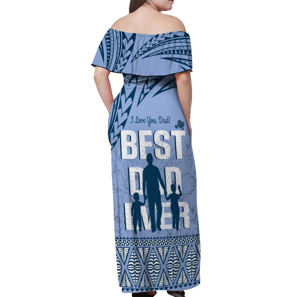 Tonga Father's Day Off Shoulder Maxi Dress Best Dad Ever Tongan Ngatu Pattern - Blue