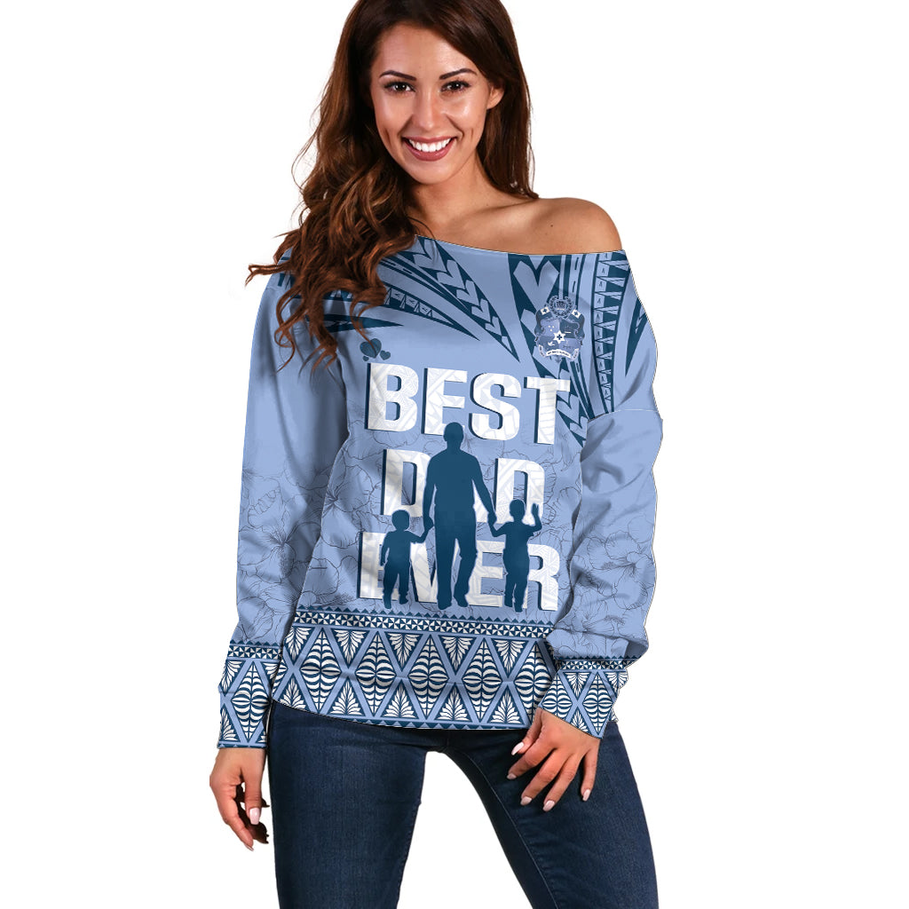 Tonga Father's Day Off Shoulder Sweater Best Dad Ever Tongan Ngatu Pattern - Blue