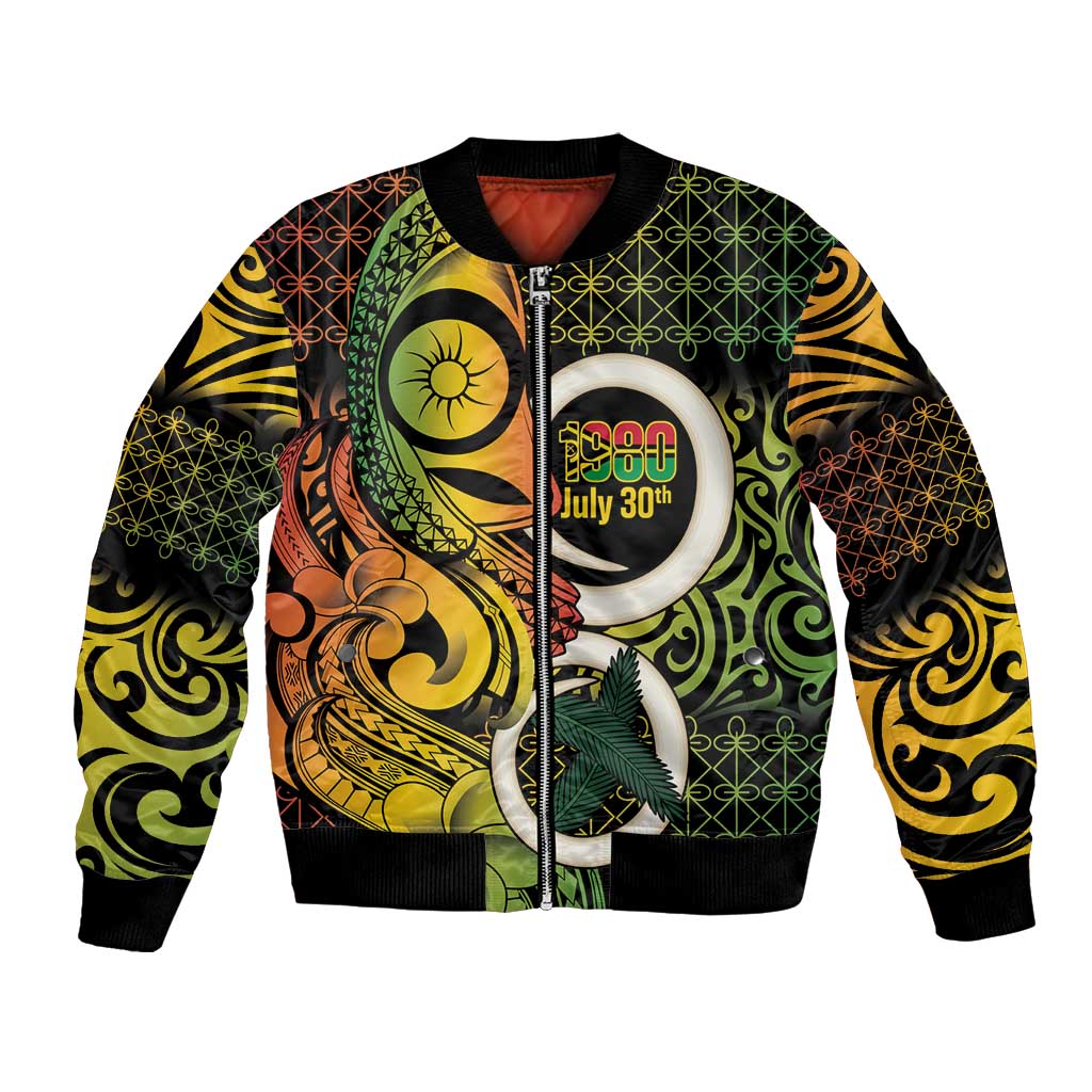 Vanuatu 1980 Bomber Jacket Ni-Van Tamtam Sand Drawing Pattern LT14 Unisex Black - Polynesian Pride