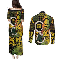 Vanuatu 1980 Couples Matching Puletasi and Long Sleeve Button Shirt Ni-Van Tamtam Sand Drawing Pattern