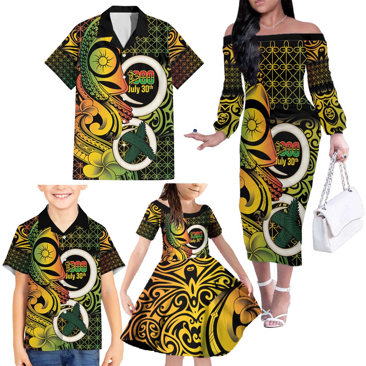 Vanuatu 1980 Family Matching Off The Shoulder Long Sleeve Dress and Hawaiian Shirt Ni-Van Tamtam Sand Drawing Pattern