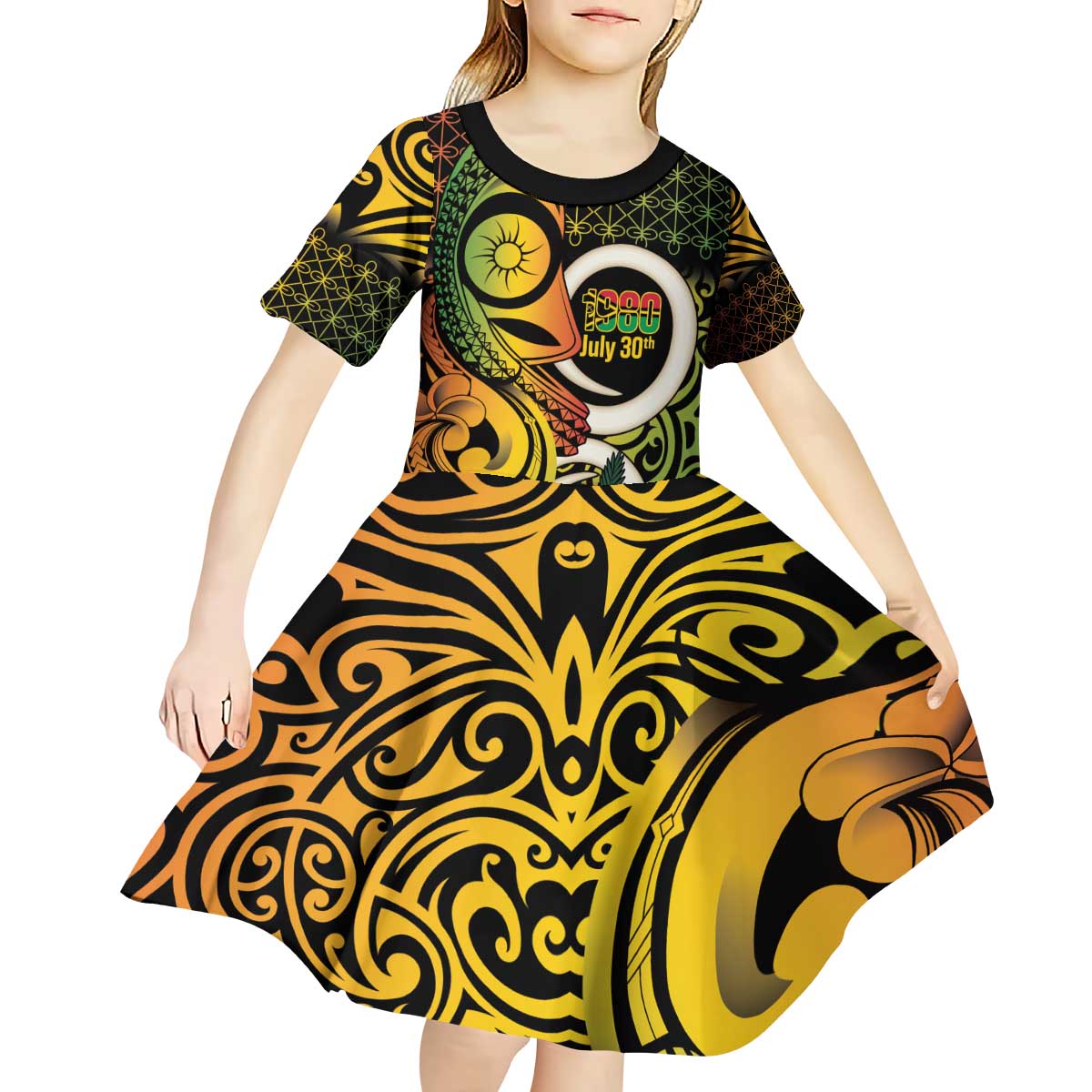 Vanuatu 1980 Kid Short Sleeve Dress Ni-Van Tamtam Sand Drawing Pattern