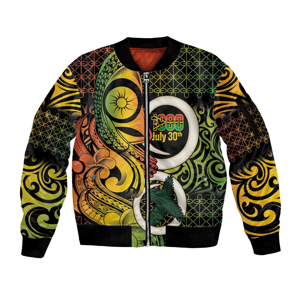 Vanuatu 1980 Sleeve Zip Bomber Jacket Ni-Van Tamtam Sand Drawing Pattern LT14 Unisex Black - Polynesian Pride