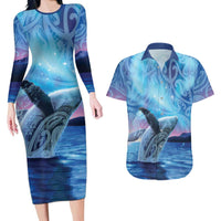 New Zealand Matariki Humpback Whale Couples Matching Long Sleeve Bodycon Dress and Hawaiian Shirt Paikea Maori New Year Blue Galaxy