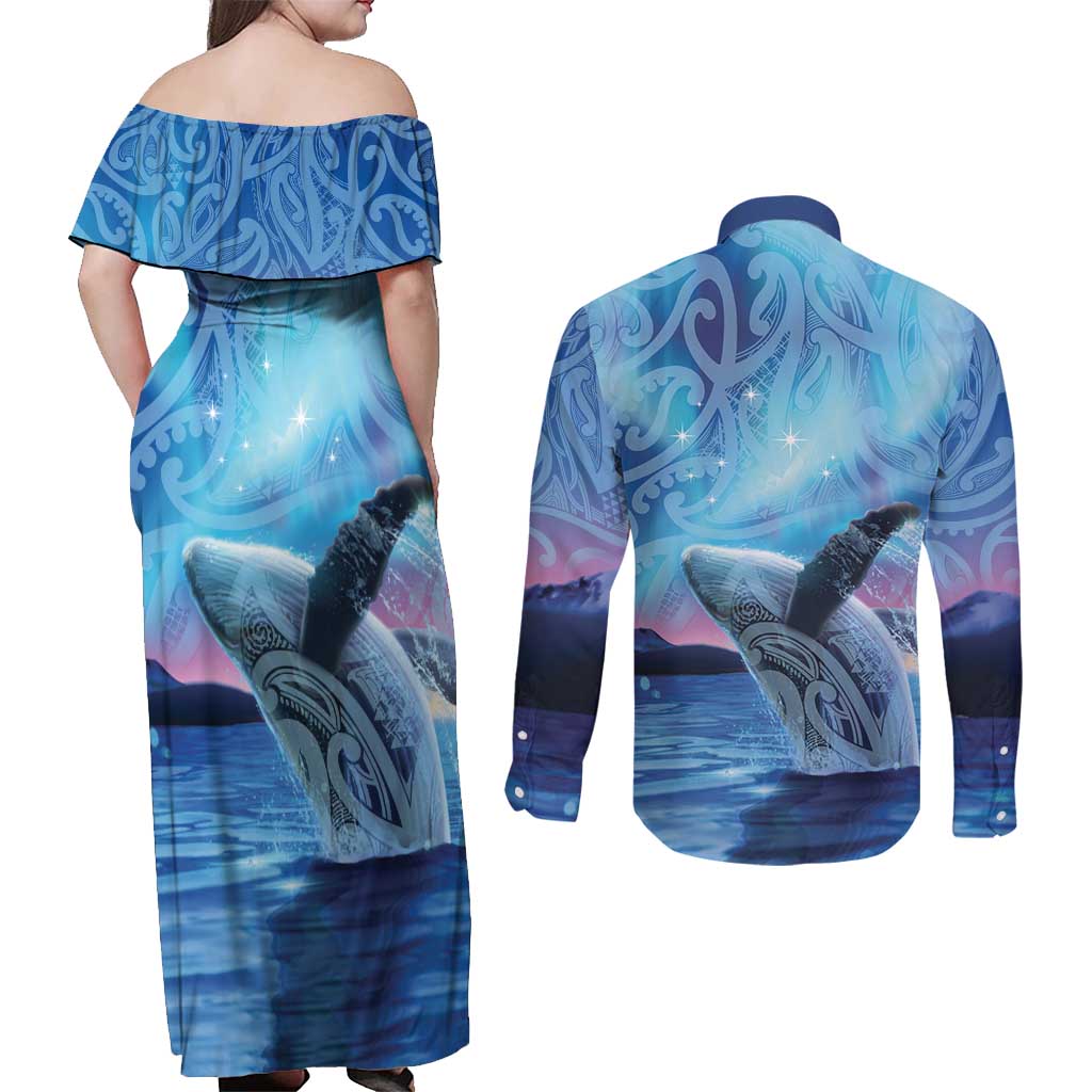 New Zealand Matariki Humpback Whale Couples Matching Off Shoulder Maxi Dress and Long Sleeve Button Shirt Paikea Maori New Year Blue Galaxy