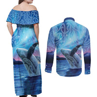 New Zealand Matariki Humpback Whale Couples Matching Off Shoulder Maxi Dress and Long Sleeve Button Shirt Paikea Maori New Year Blue Galaxy