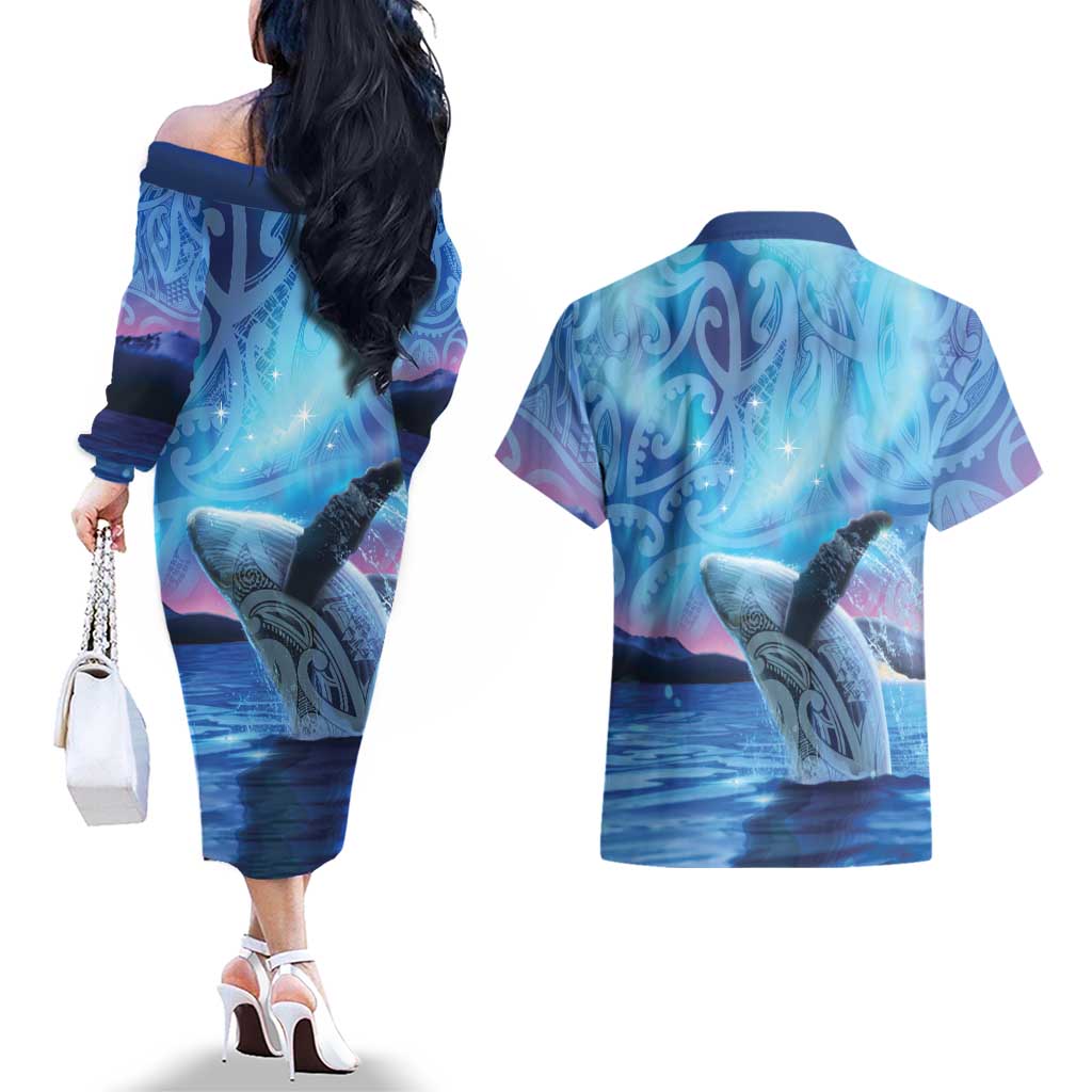 New Zealand Matariki Humpback Whale Couples Matching Off The Shoulder Long Sleeve Dress and Hawaiian Shirt Paikea Maori New Year Blue Galaxy