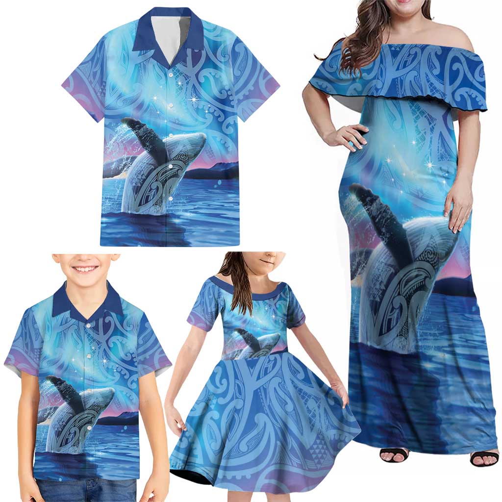 New Zealand Matariki Humpback Whale Family Matching Off Shoulder Maxi Dress and Hawaiian Shirt Paikea Maori New Year Blue Galaxy