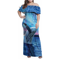 New Zealand Matariki Humpback Whale Family Matching Off Shoulder Maxi Dress and Hawaiian Shirt Paikea Maori New Year Blue Galaxy