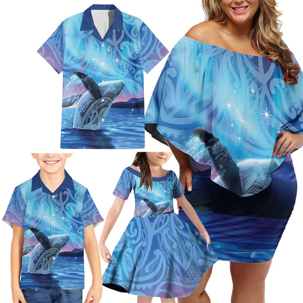 New Zealand Matariki Humpback Whale Family Matching Off Shoulder Short Dress and Hawaiian Shirt Paikea Maori New Year Blue Galaxy LT14 - Polynesian Pride