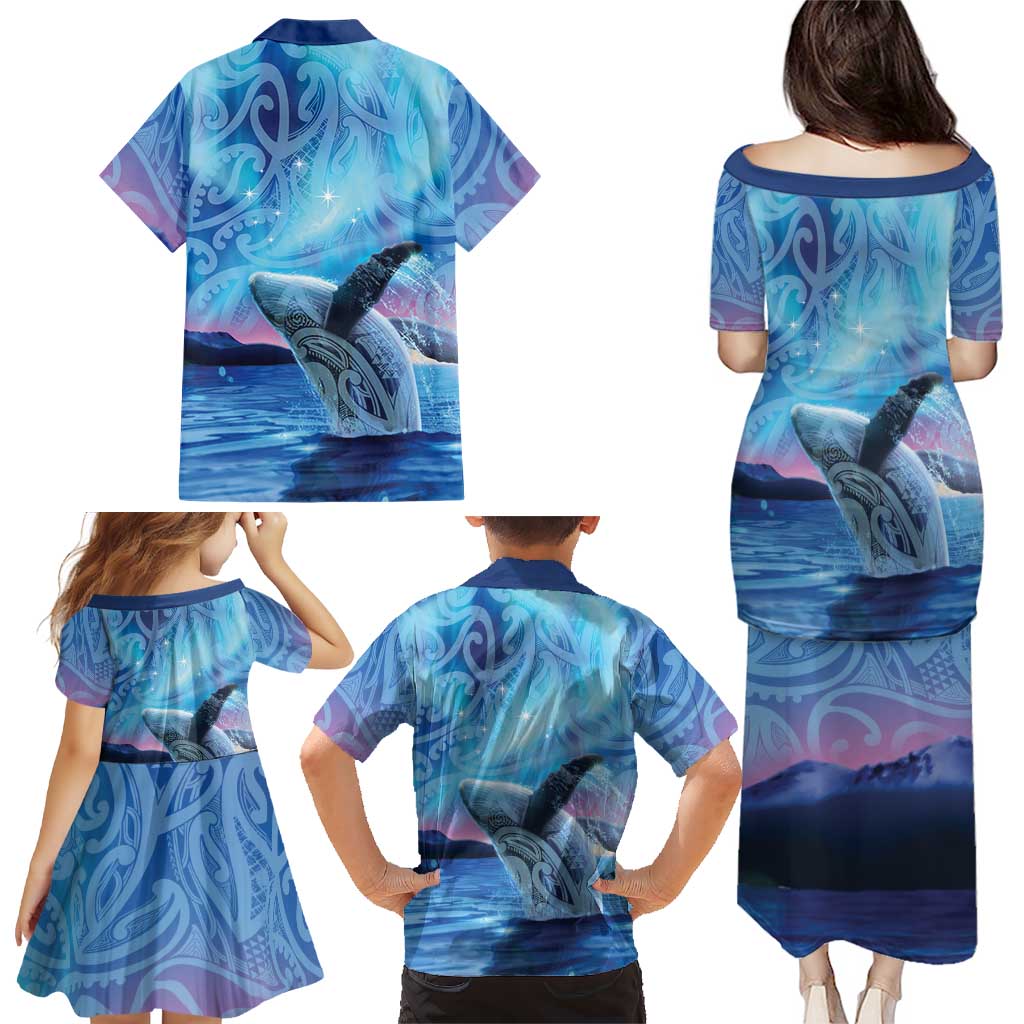 New Zealand Matariki Humpback Whale Family Matching Puletasi and Hawaiian Shirt Paikea Maori New Year Blue Galaxy